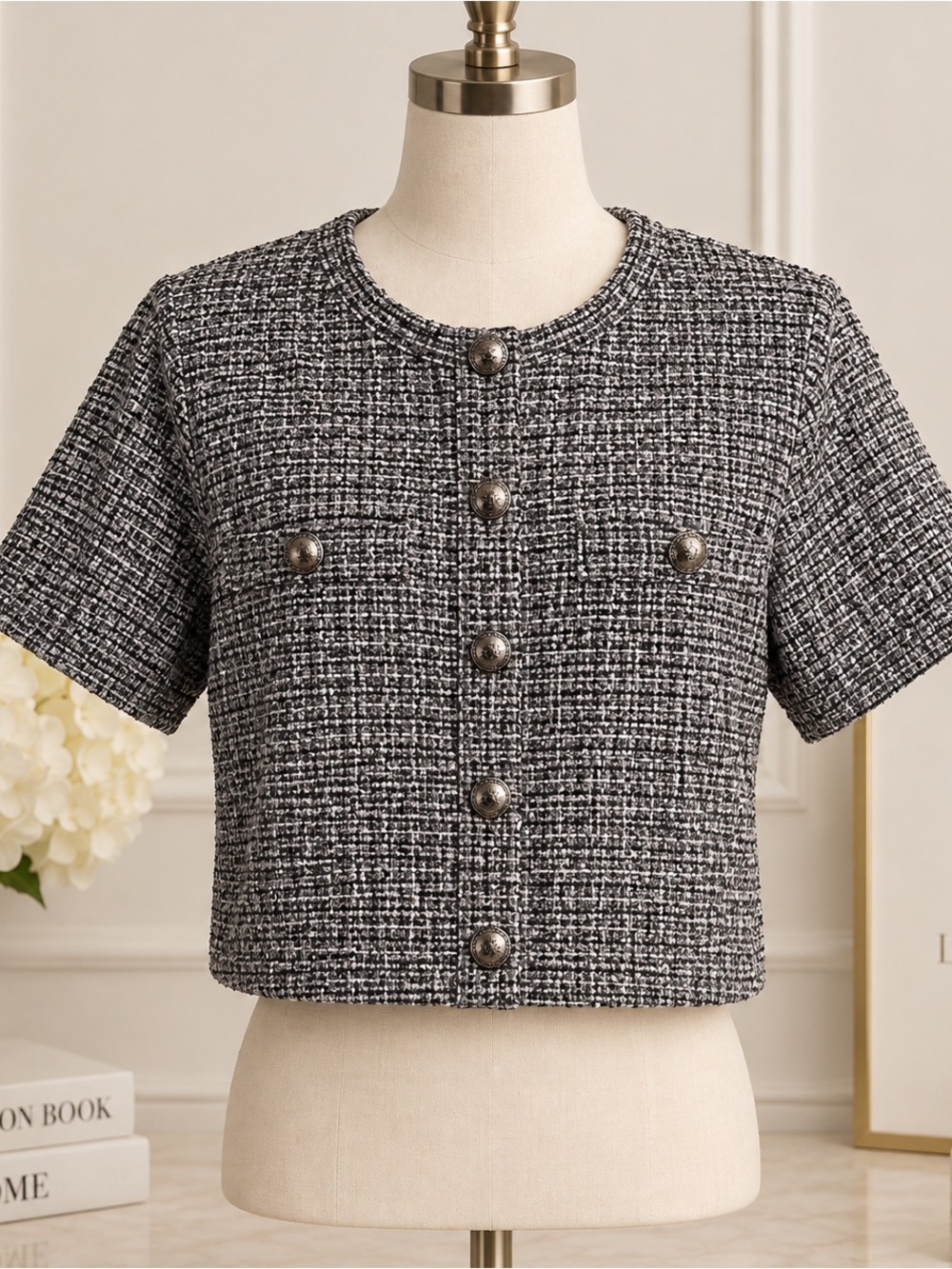 H&M Black and White Cropped Tweed Button-Down Top
